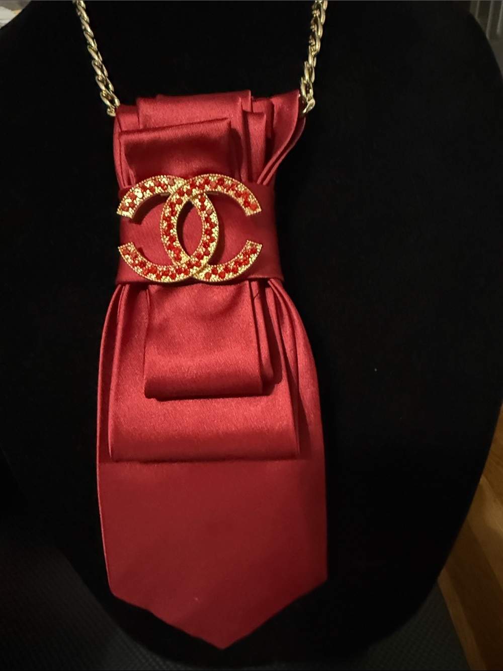 CHANEL Red Satin Bow Crossbody with Gold-Tone Crystal CC Logo